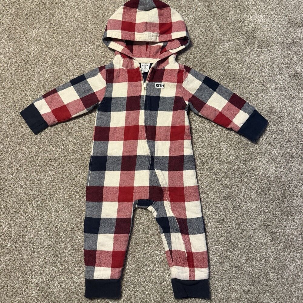 KITH Baby Plaid Hooded Fleece Coverall Romper 6-12 Month Lumberjack Chic